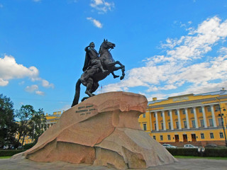 The Bronze Horseman, an equestrian statue of Peter the Great in the Senate Square in Saint...
