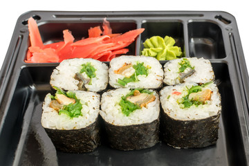 Japanese Sushi Rolls in Black Plastic Delivery Box
