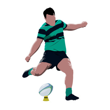 Rugby player kicking ball, abstract vector isolated illustration