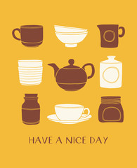 Kitchenware naive poster. Hand drawn vector set of cups, teapots, bowls, jars