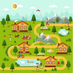 Obraz na płótnie Canvas Flat design vector illustration of mountain village map with houses, ponds, road. People spend time on picnic, old woman walking, boy with kite, cyclist, fisherman.