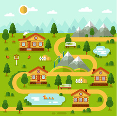 Flat design vector illustration of mountain village map. Included cartoon houses, two ponds with ducks, road, bench, birds feeder. Rest in the countryside.