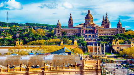 Aerial top view of Barcelona, Catalonia, Spain. The Palau National, National Palace, National Art Museum of Catalonia