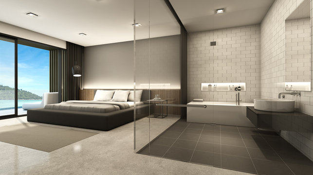 Bedroom beach villa bathroom clear glass background take view sea -3D render