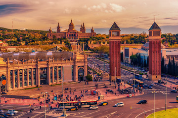 Aerial top view of Barcelona, Catalonia, Spain. The Palau National, National Palace, National Art Museum of Catalonia