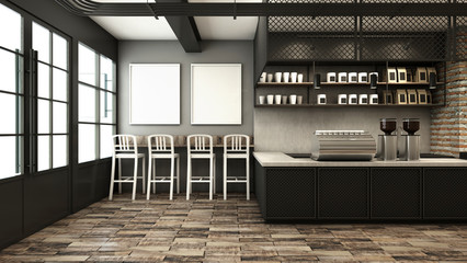 Cafe shop & Restaurant design Modern Loft counter steel black Top counter concrete.side brick wall -3D render