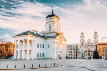 Minsk, Belarus. Old Minsk City Hall on Freedom Square Hall In Su