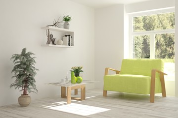 White room with armchair and green landscape in window. Scandinavian interior design. 3D illustration