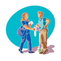 Mail delivery person talking to a customer at their mail box.