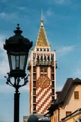 Fototapeta na wymiar Batumi, Adjara, Georgia. Local Landmark Clock Tower On Blue Even