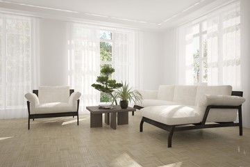 White room with sofa and green landscape in window. Scandinavian interior design. 3D illustration