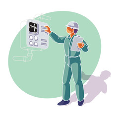 A factory/installation worker/technician checks the gauges on an instrument pannel.