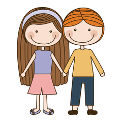 Obraz na płótnie Canvas colorful caricature couple kids in casual clothes with taken hands vector illustration