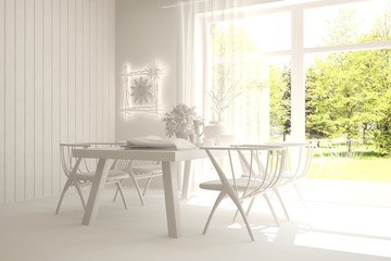 Fototapeta na wymiar White dinner room with green landscape in window. Scandinavian interior design. 3D illustration