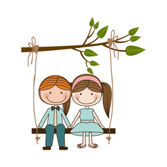 colorful caricature blond guy and girl with pigtails hairstyle sit in swing hanging from a branch vector illustration