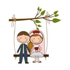 colorful caricature guy with formal suit and woman with side hairstyle sit in swing hanging from a branch vector illustration