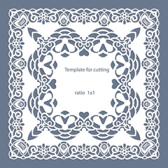 Greeting card with openwork border, paper doily under the cake, template for cutting, wedding invitation, decorative plate is laser cut, vector illustrations.