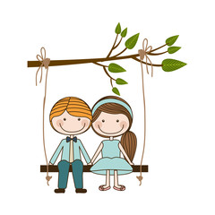 colorful caricature blond guy in formal suit and girl with ponytail hairstyle sit in swing hanging from a branch vector illustration