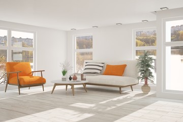 White room with sofa and urban landscape in window. Scandinavian interior design. 3D illustration