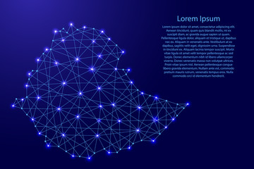 Map of Ethiopia from polygonal blue lines and glowing stars vector illustration