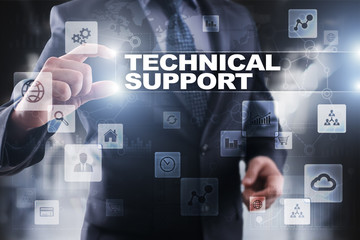 Businessman selecting technical support on virtual screen.