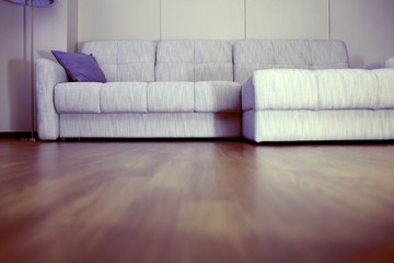 Home interior with sofa and parquet floor