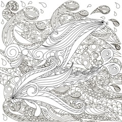 Hand drawn doodle fishes on waves, anti stress coloring page stock vector illustration
