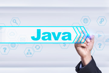Businessman drawing on virtual screen. java concept.