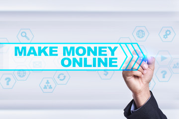 Businessman drawing on virtual screen. make money online concept.