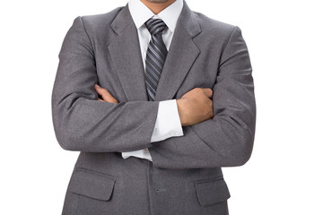 young asian confident startup entrepreneur businessman wearing gray suit standing with folded arms over white background