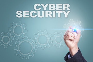 Businessman drawing on virtual screen. cyber security concept