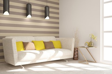 White modern room with sofa. Scandinavian interior design. 3D illustration