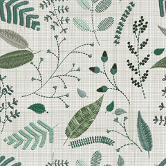 Seamless pattern. Embroidery floral elements, leaves, twigs, berries, flowers, meadow.