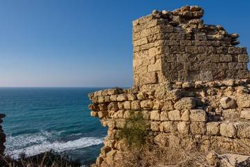 Remains of the crusader fortress in Apollonia, an ancient city in Helenistic and Roman Judea. It was situated on a cliff above the Mediterranean Sea about 34 km south of Caesaria. 