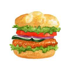 watercolor sketch of burger on white