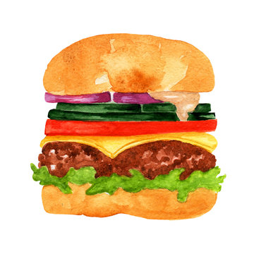 watercolor sketch of burger on white