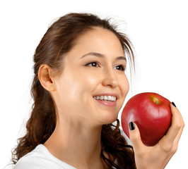 woman holding red apple