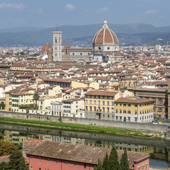 Fototapeta na wymiar Beautiful aerial view of the Cathedral of Santa Maria del Fiore in the historic center of Florence, Italy, from Piazzale Michelangelo, on a sunny day