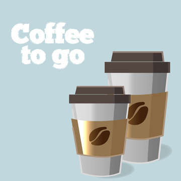Fototapeta Poster with paper cup of coffee in cartoon style lettering coffee to go on blue background