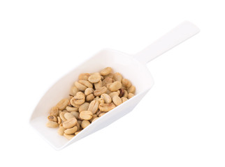 Close up raw green coffee beans on white background