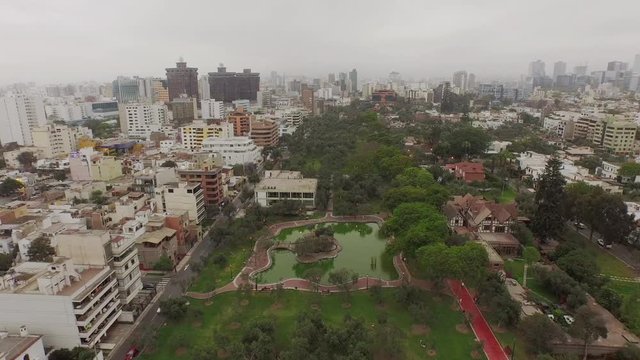 Aerial of LIMA with the skyline and a park in San Isidro. Peru, South America. LIMA, 