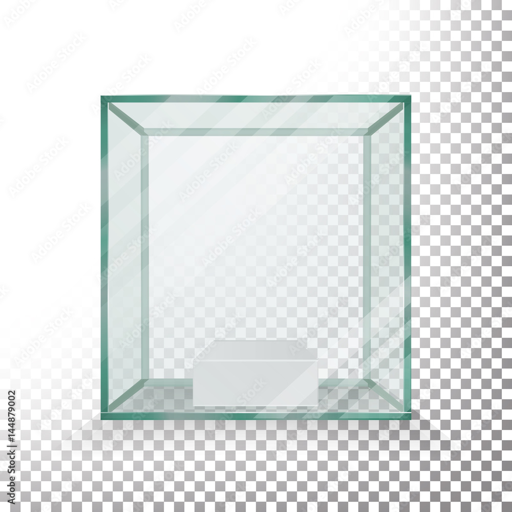 Poster empty transparent glass box cube vector. realistic cube. glass showcase.