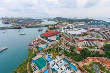 Singapore cargo terminal port with Sentosa island, arial view from cabel car at Singapore