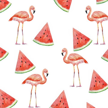 Pattern with watercolor tropical 
flamingos birds and watermelon pieces.