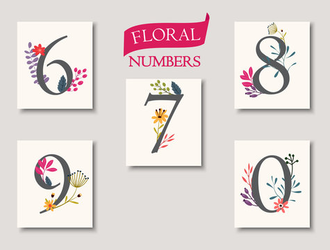 set of beautiful flowers and numbers for wedding invitations and birthday cards