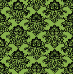 Black hohloma style flowers on greenery seamless pattern background, vector. Trend color spring 2017