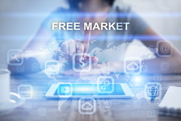 Woman using tablet pc, pressing on virtual screen and selecting free market