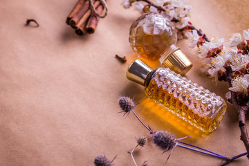 Obraz na płótnie Canvas Bottles of perfume with ingredients