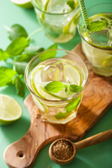 mojito cocktail and ingredients over green background