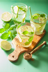 mojito cocktail and ingredients over green background